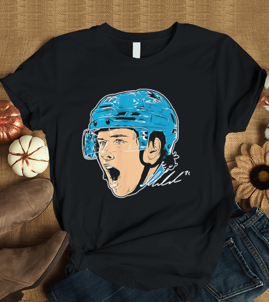 San Jose Sharks NHL 71 Yelling Hockey Player Helmet Caricature T-Shirt