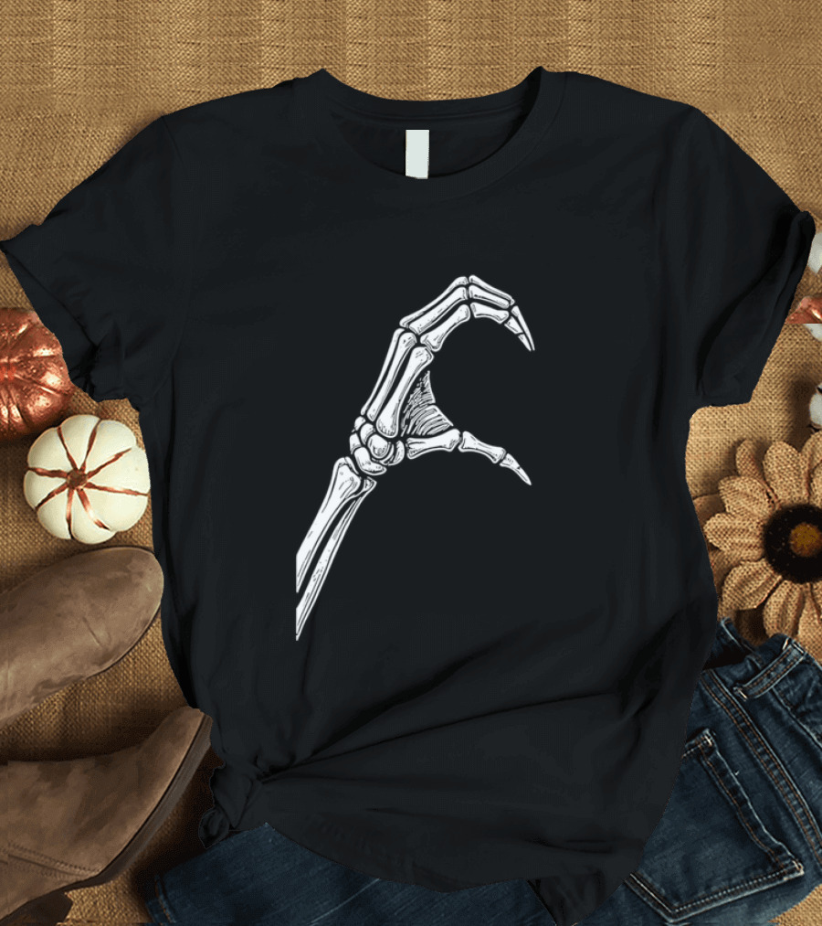Skeleton Bone Hand Half Heart Gesture Line Sketch T-Shirt