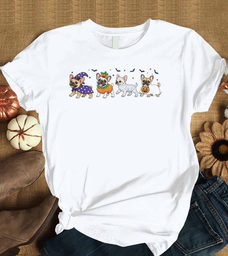 Spooky Frenchies Halloween Paws Pumpkin Costumes Witch Bats T-Shirt
