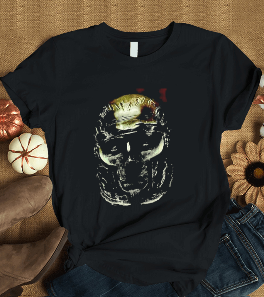 Dark Metallic Sculpted Skull Mask With Stylized Roman T-Shirt