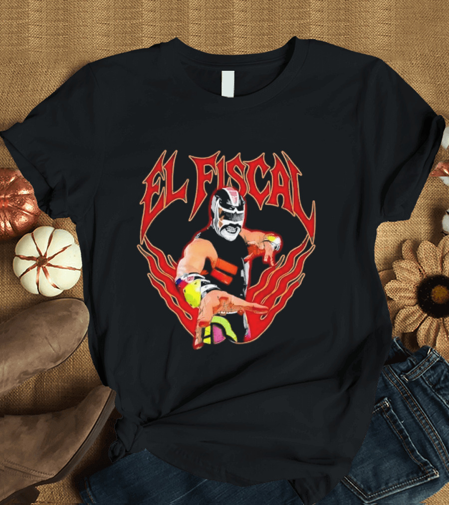 El Fiscal Masked Luchador Wrestler With Flame Hand Frame T-Shirt