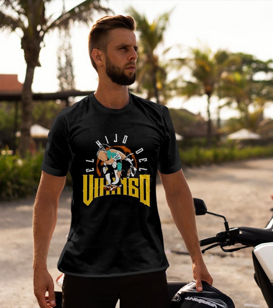 El Hijo Del Vikingo Crouching Wrestler Brown Yellow Text And Image T-Shirt
