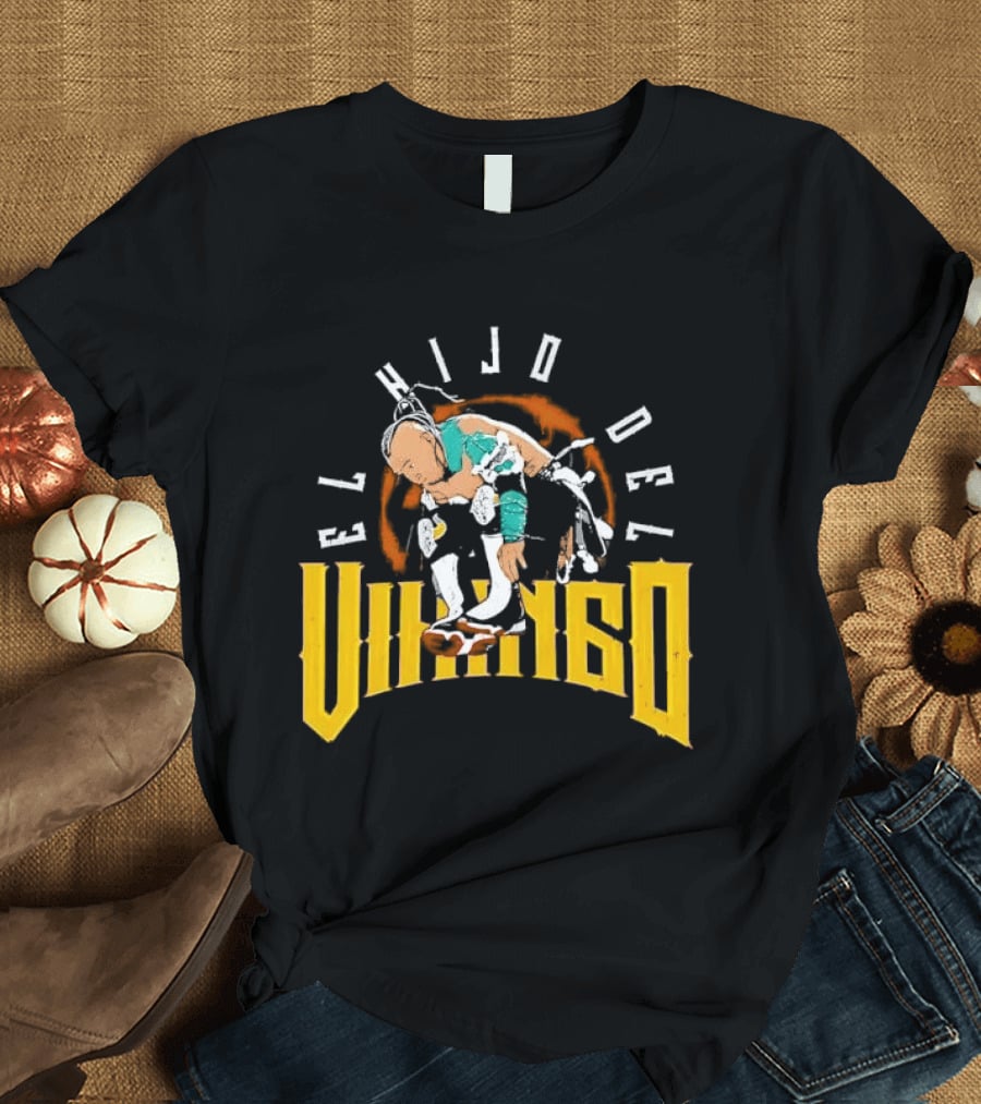 El Hijo Del Vikingo Crouching Wrestler Brown Yellow Text And Image T-Shirt