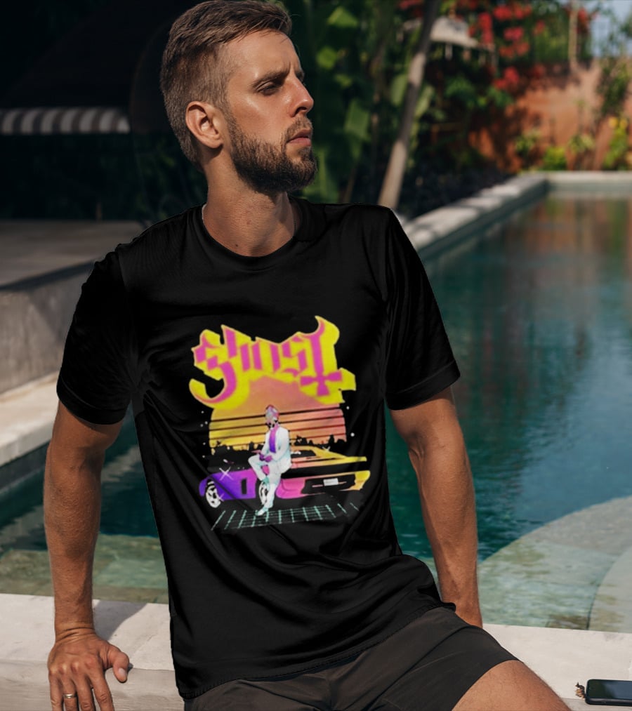 Ghost Miami Vice Retro Sunset Car Scene T-Shirt