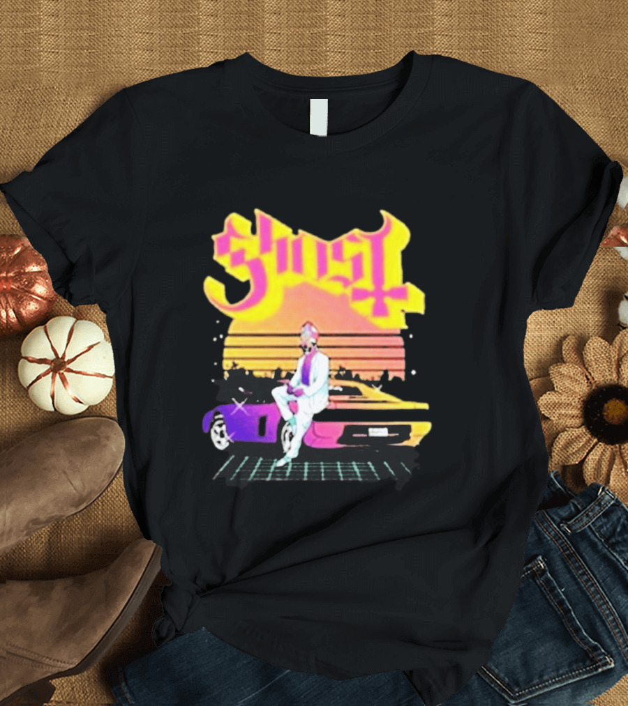 Ghost Miami Vice Retro Sunset Car Scene T-Shirt