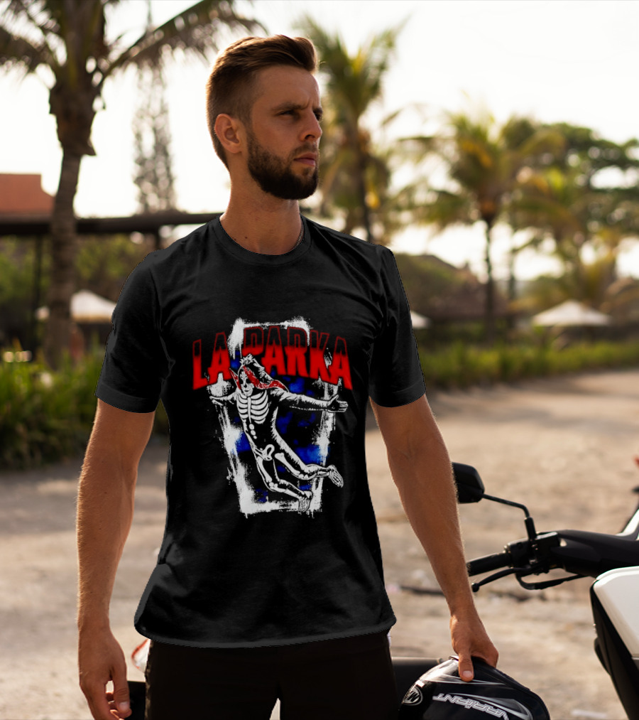 LA Parka Masked Skeleton Wrestler Jumping Distressed Frame T-Shirt