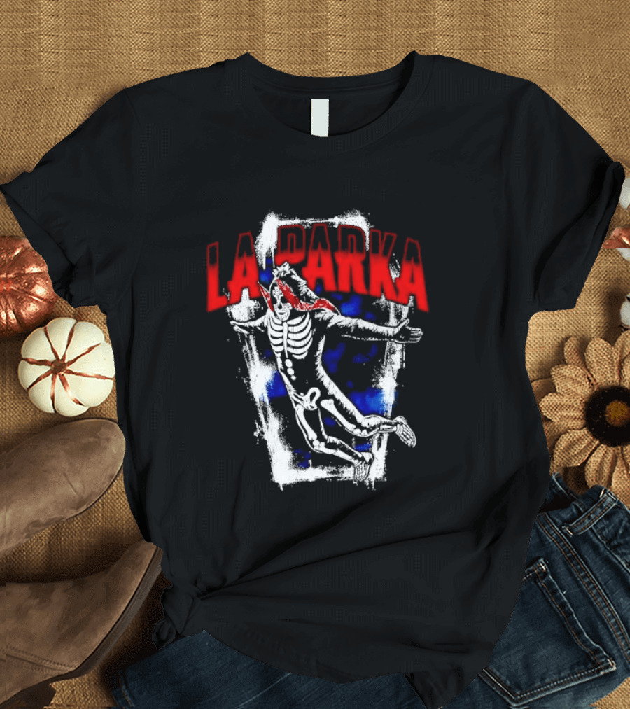 LA Parka Masked Skeleton Wrestler Jumping Distressed Frame T-Shirt
