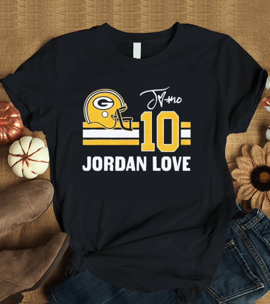 Green Bay Packers Jordan Love 10 Helmet Stripes JM Signature Distressed T-Shirt