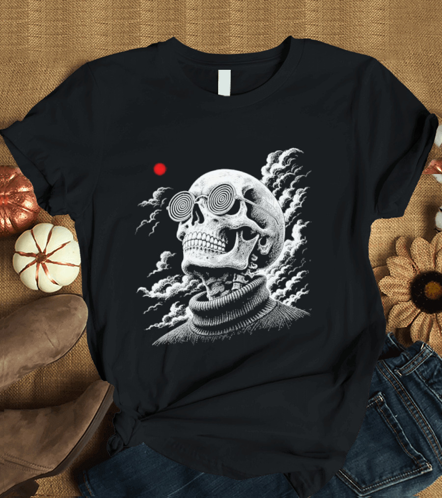 Line Skull Hypnotic Glasses Turtleneck Red Sun Clouds T-Shirt