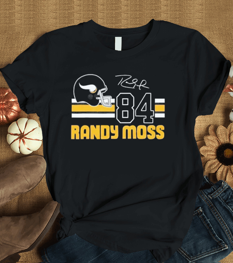 Randy Moss Minnesota Vikings 84 Helmet Stripes Autograph T-Shirt