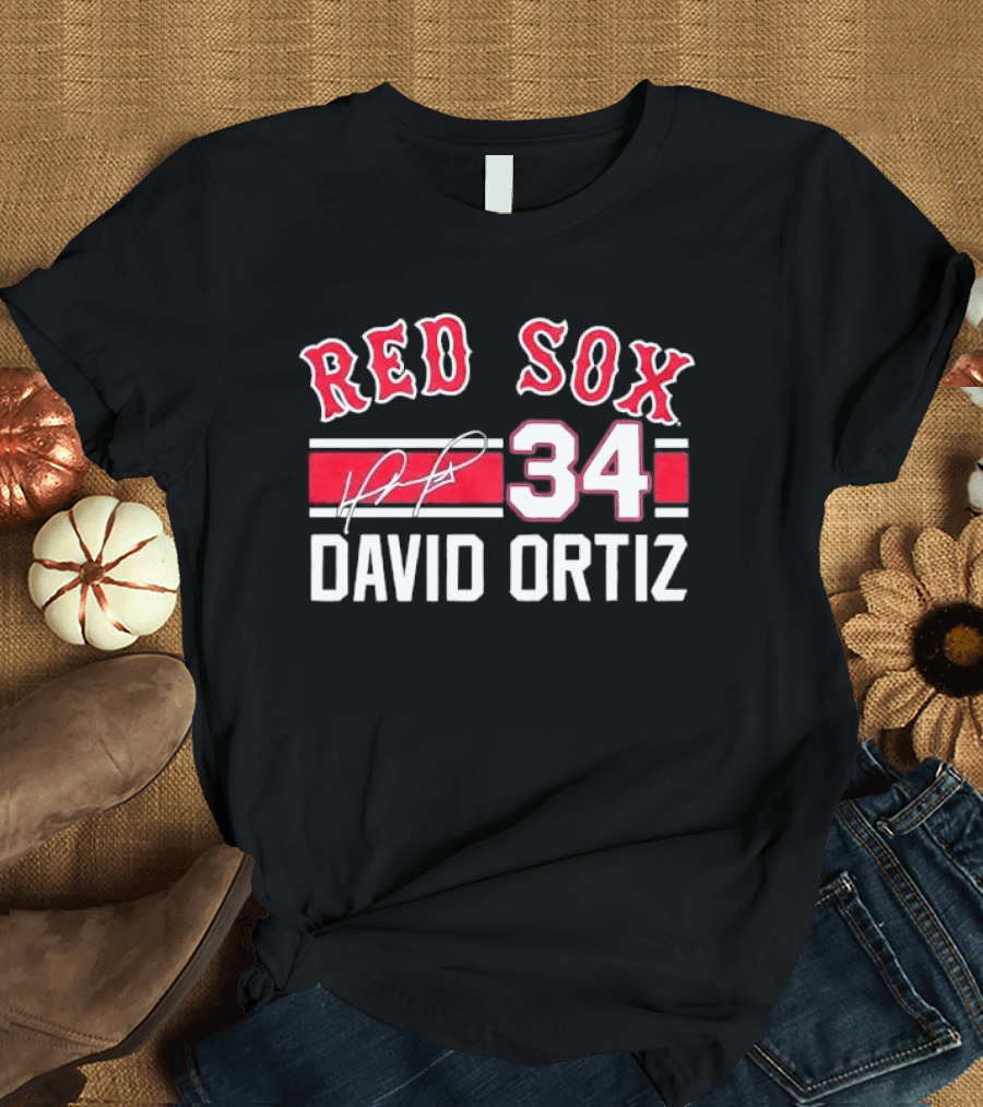 Red Sox MLB David Ortiz 34 White Stripes Distressed T-Shirt