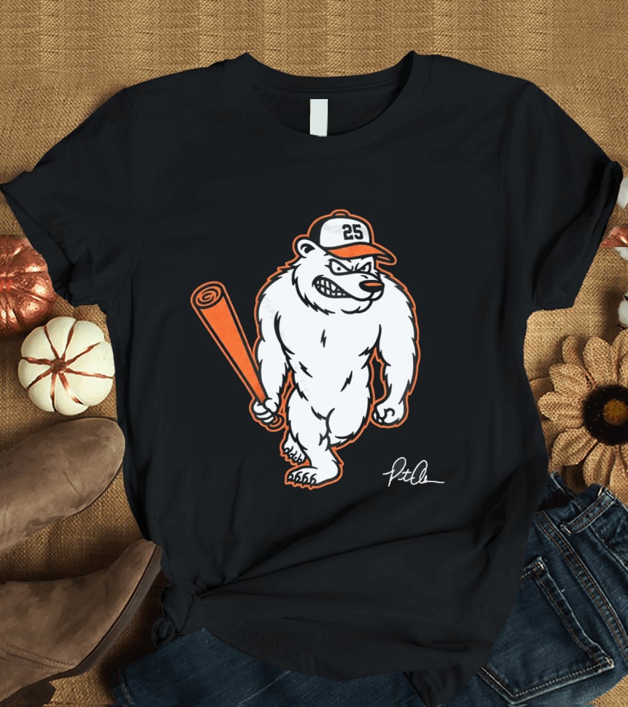 Polar Bear Pete Baseball Bear With Orange Bat And Cap Number 25 Art By Pete Alonso T-Shirt
