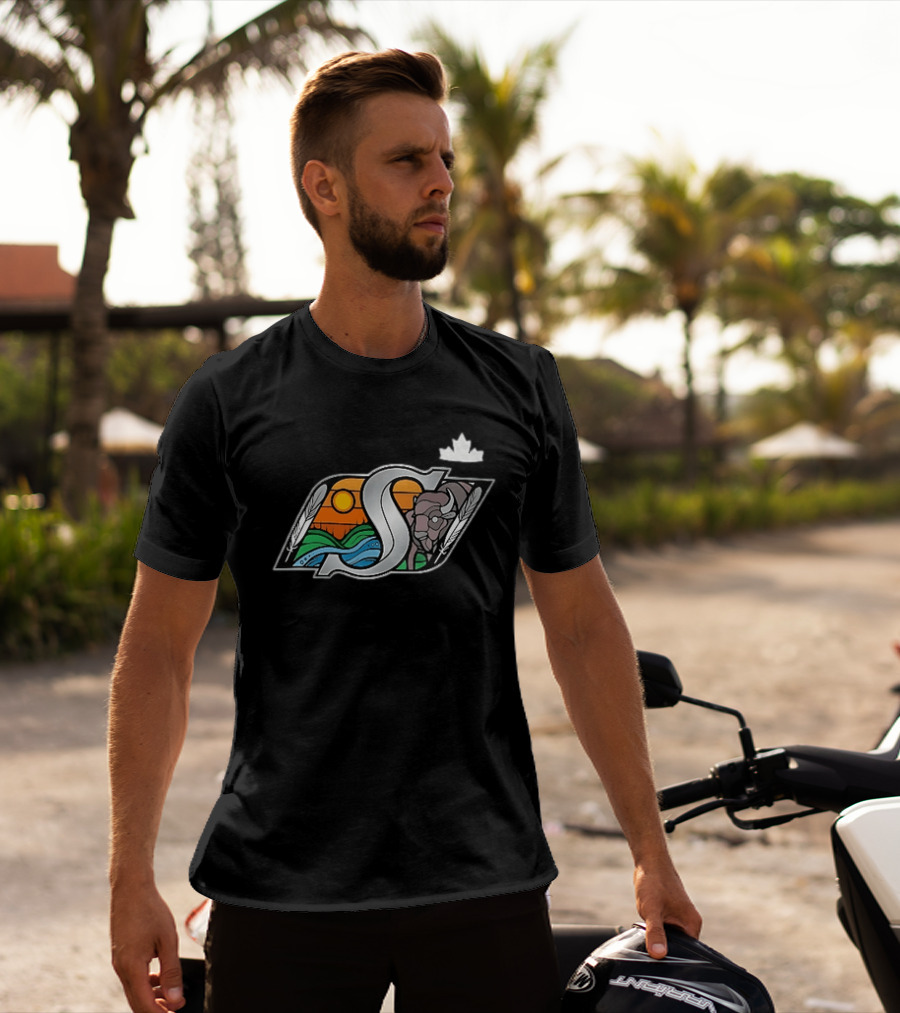 Saskatchewan Roughriders 2025 Indigenous Heritage Special Buffalo Sunrise Feather River T-Shirt