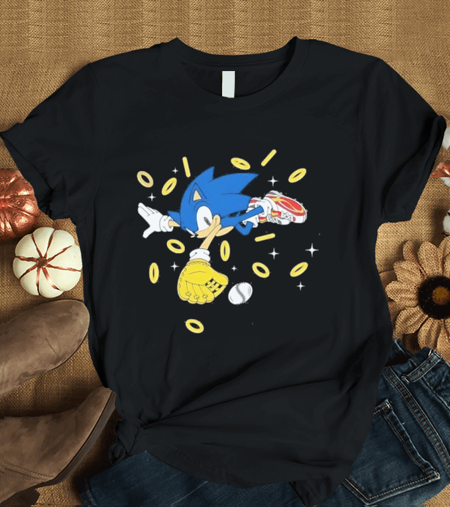 The Hedgehog Running Collecting Rings With Baseball Glove And Ball T-Shirt