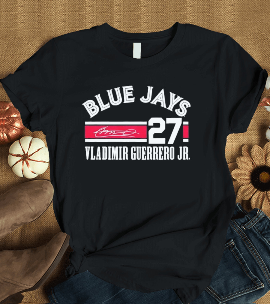 Blue Jays Vladimir Guerrero Jr 27 Red Stripe Signature Distressed T-Shirt