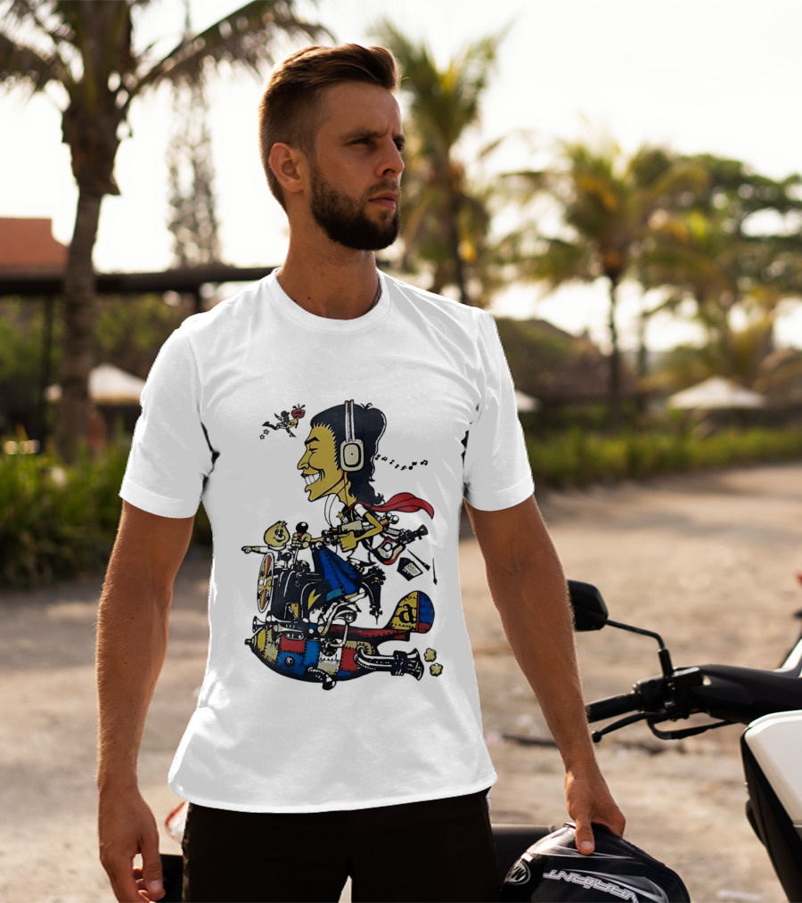 Cartoon Caricature Man With Headphones Riding Flying Rocket Airplane T-Shirt