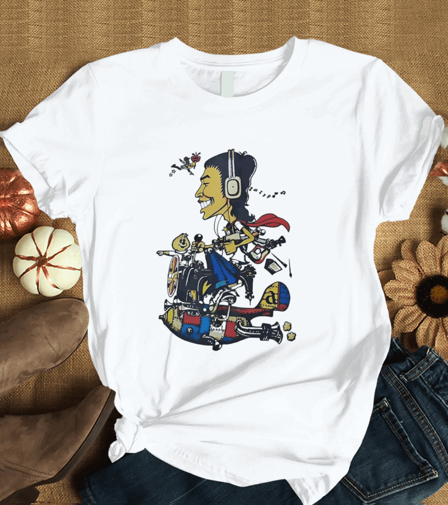 Cartoon Caricature Man With Headphones Riding Flying Rocket Airplane T-Shirt