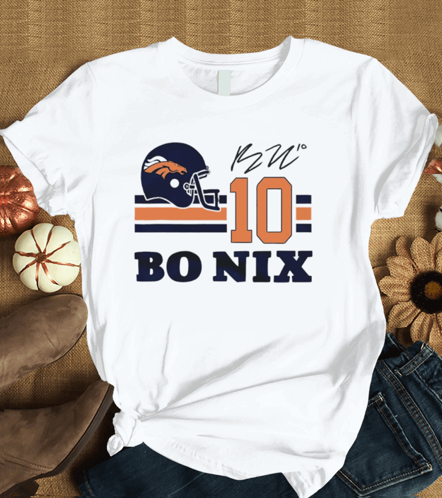 Denver Broncos Bo Nix 10 Football Helmet Horizontal Stripes T-Shirt