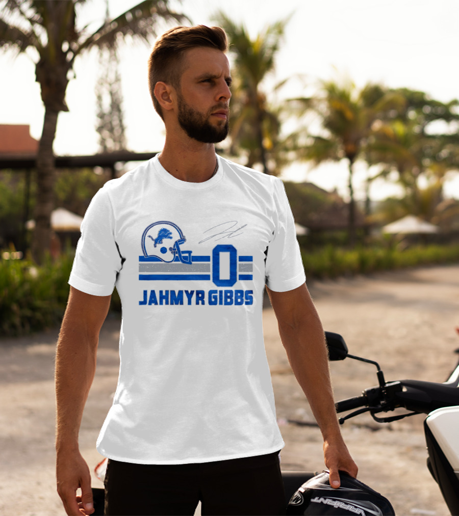 Detroit Lions Jahmyr Gibbs Zero Helmet Number Stripes Distressed T-Shirt