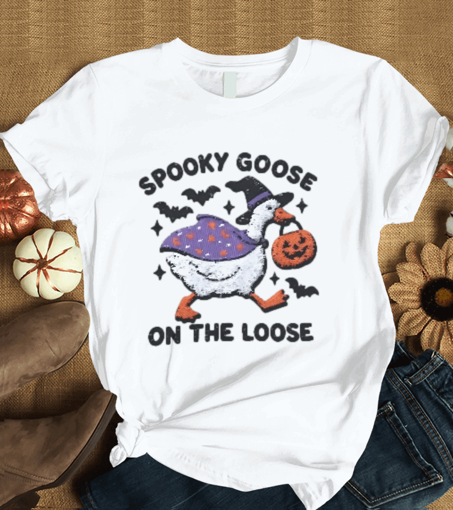 Spooky Goose On The Loose Halloween Embroidered T-Shirt