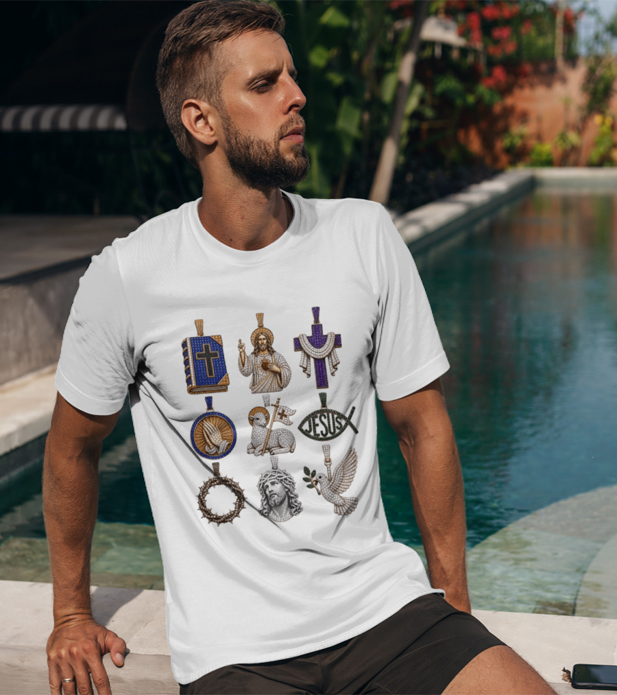 Jesus Cross Bible Lamb Fish Dove Crown Praying Hands Gemstone Pendants Collection T-Shirt