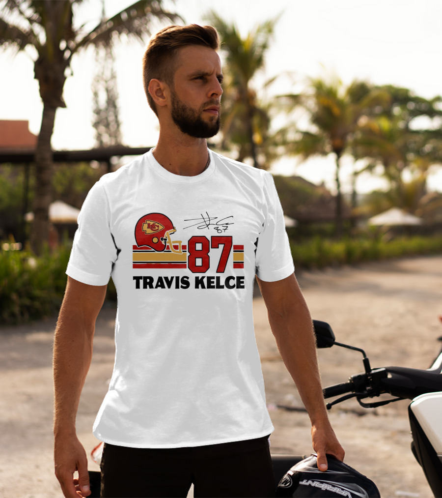 Kansas City Chiefs Travis Kelce 87 Red Gold Helmet Stripes T-Shirt