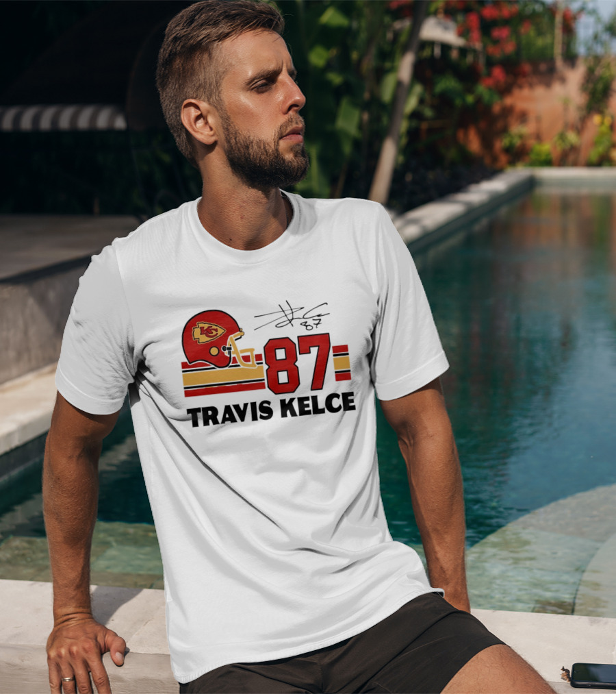 Kansas City Chiefs Travis Kelce 87 Red Gold Helmet Stripes T-Shirt