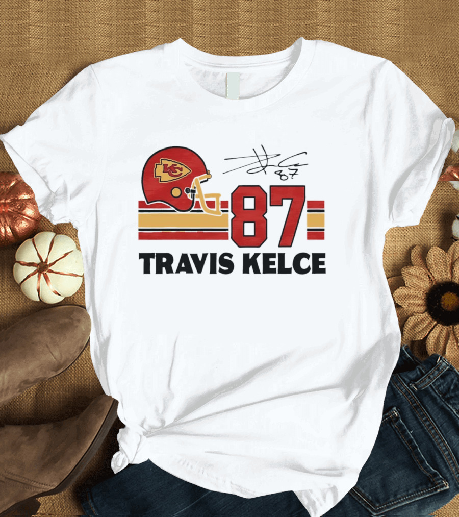 Kansas City Chiefs Travis Kelce 87 Red Gold Helmet Stripes T-Shirt