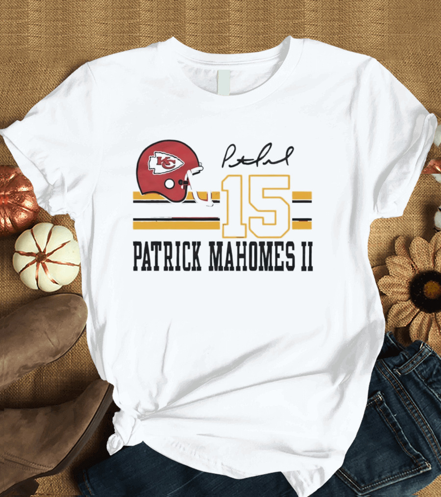 Kansas City Chiefs Patrick Mahomes II Number 15 Signature Football Helmet Stripes T-Shirt