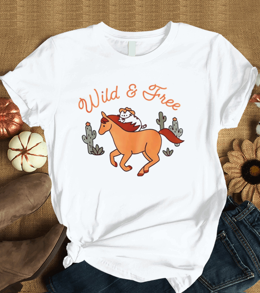 Wild And Free Cartoon Cowboy Cat Galloping Horse Cactus Scene T-Shirt