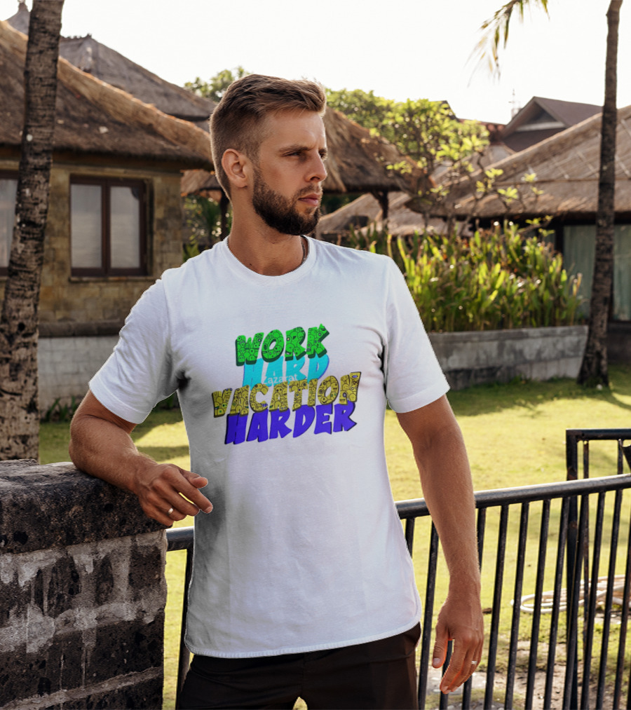 Work Hard Vacation Harder Emoji Patterned Colorful T-Shirt