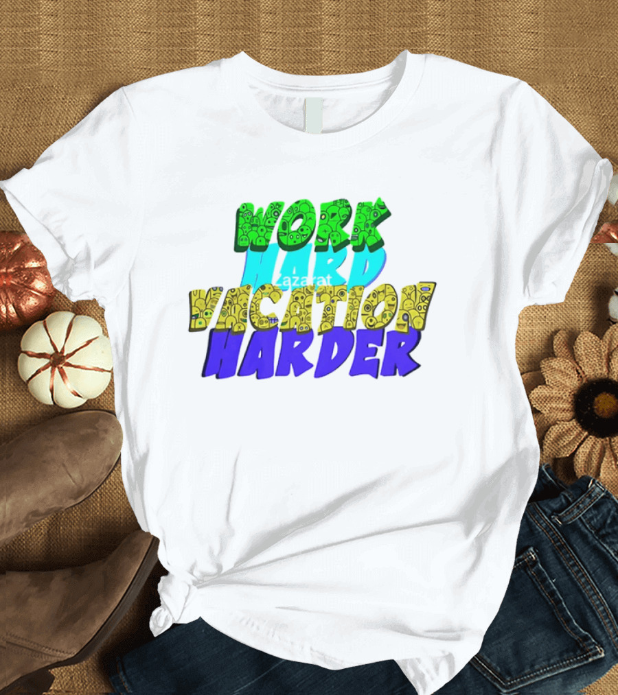 Work Hard Vacation Harder Emoji Patterned Colorful T-Shirt