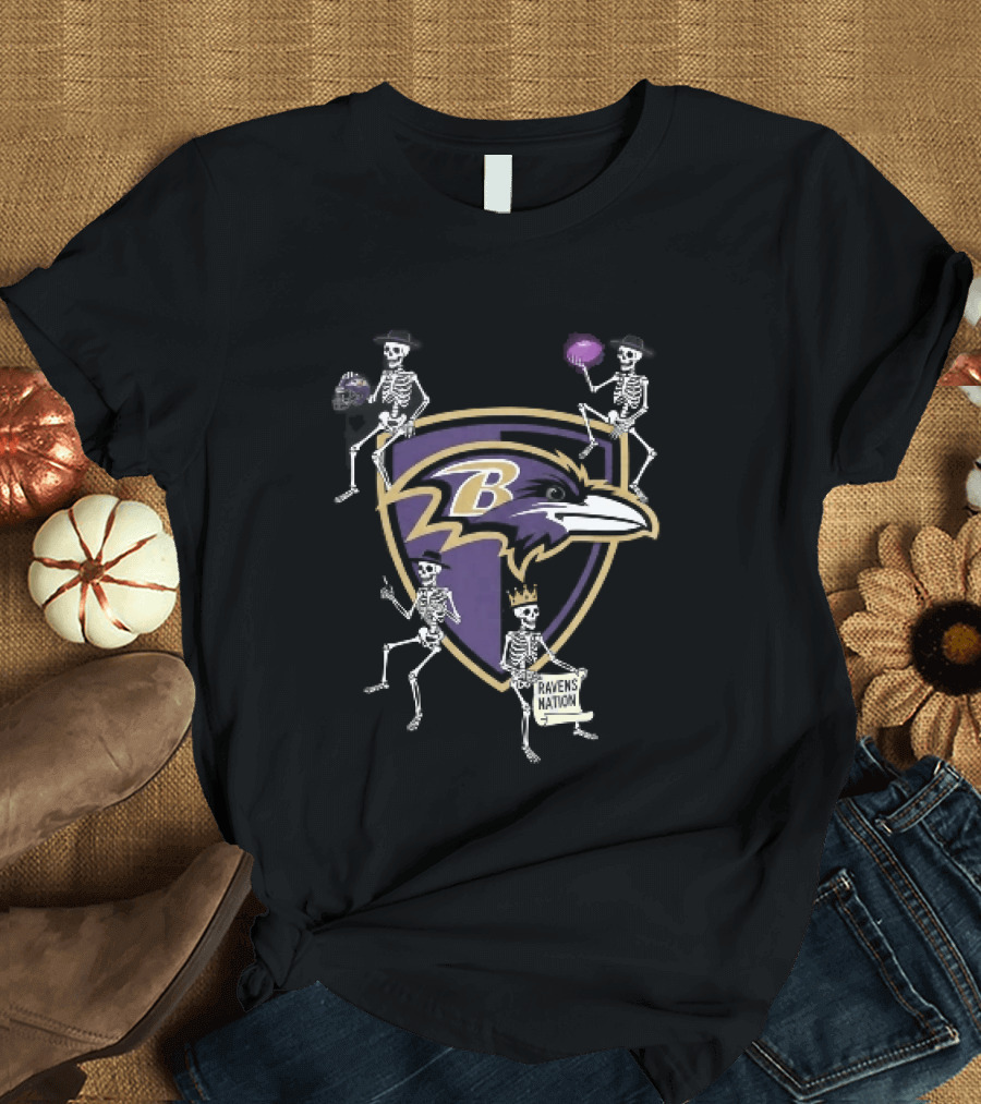 Baltimore Ravens Nation Skeletons Football Helmet Shield Ravens Logo Halloween T-Shirt