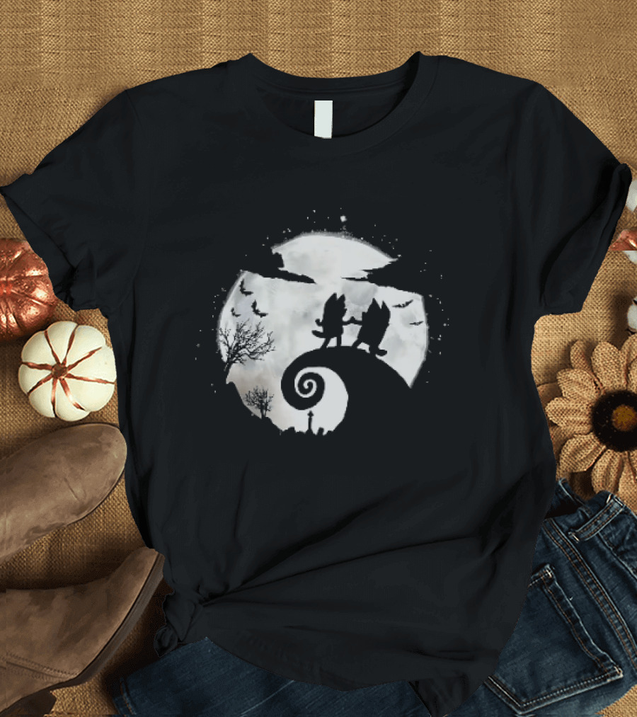 Bluey And Bingo Halloween Mashup With Iconic Moonlit Hill Scene T-Shirt