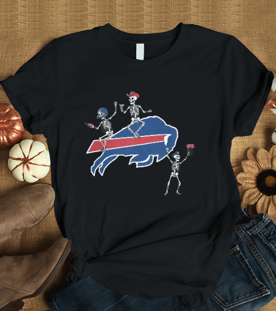 Buffalo Bills Skeletons Riding Logo With Cowboy Hats And Footballs T-Shirt
