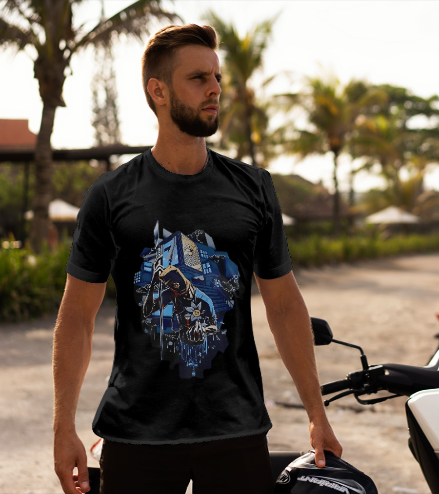 Masked Figure With Spear And Smiling Flower By Mysterious Floating House T-Shirt