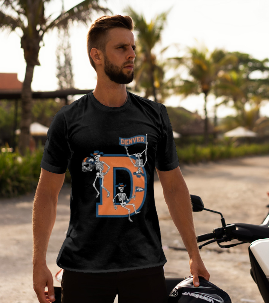 Denver Broncos Skeletons Cowboy Hats Big D Helmet Flag Orange T-Shirt