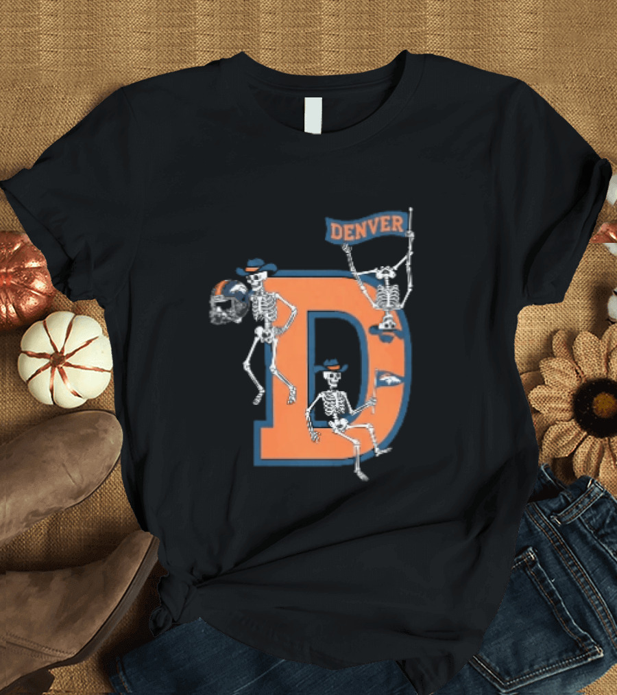 Denver Broncos Skeletons Cowboy Hats Big D Helmet Flag Orange T-Shirt