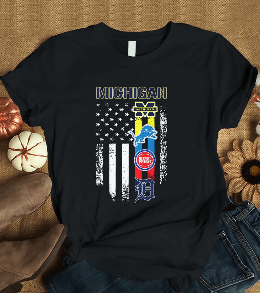 Michigan Wolverines Detroit Lions Pistons Tigers Flag T-Shirt