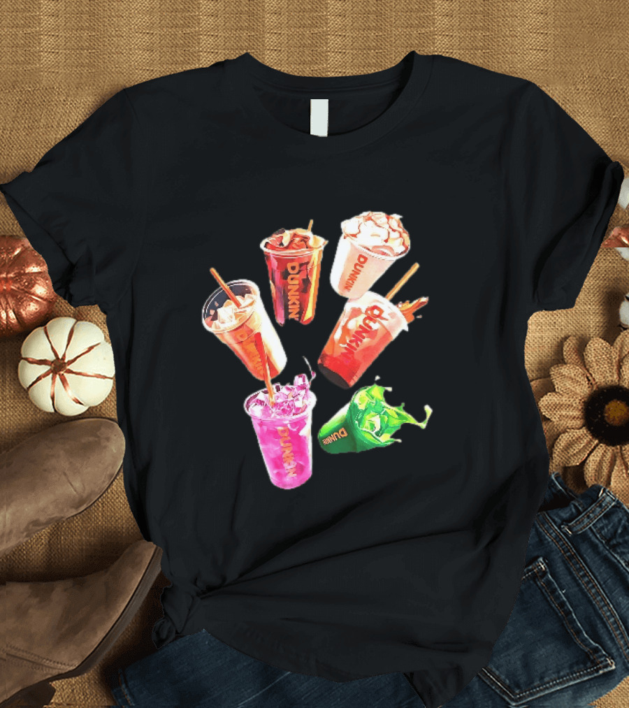 Dunkin Colorful Iced Coffee Beverages Splash With Straws T-Shirt