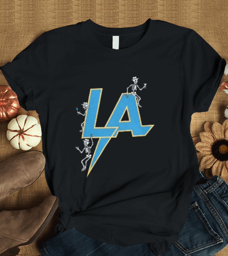 Los Angeles Chargers Skeletons On LA Lettering With Lightning Bolt T-Shirt