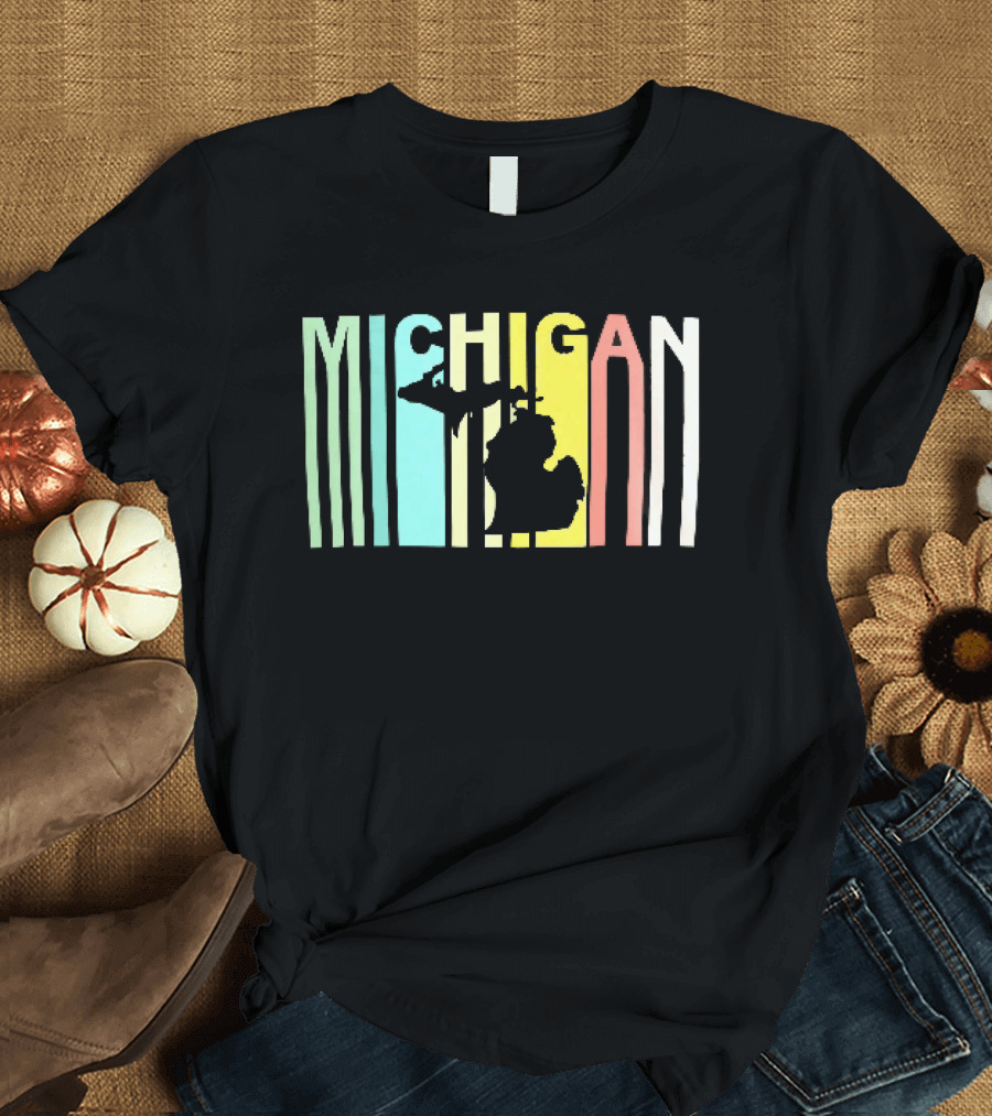 Michigan Colorful Vertical Stripe Map T-Shirt