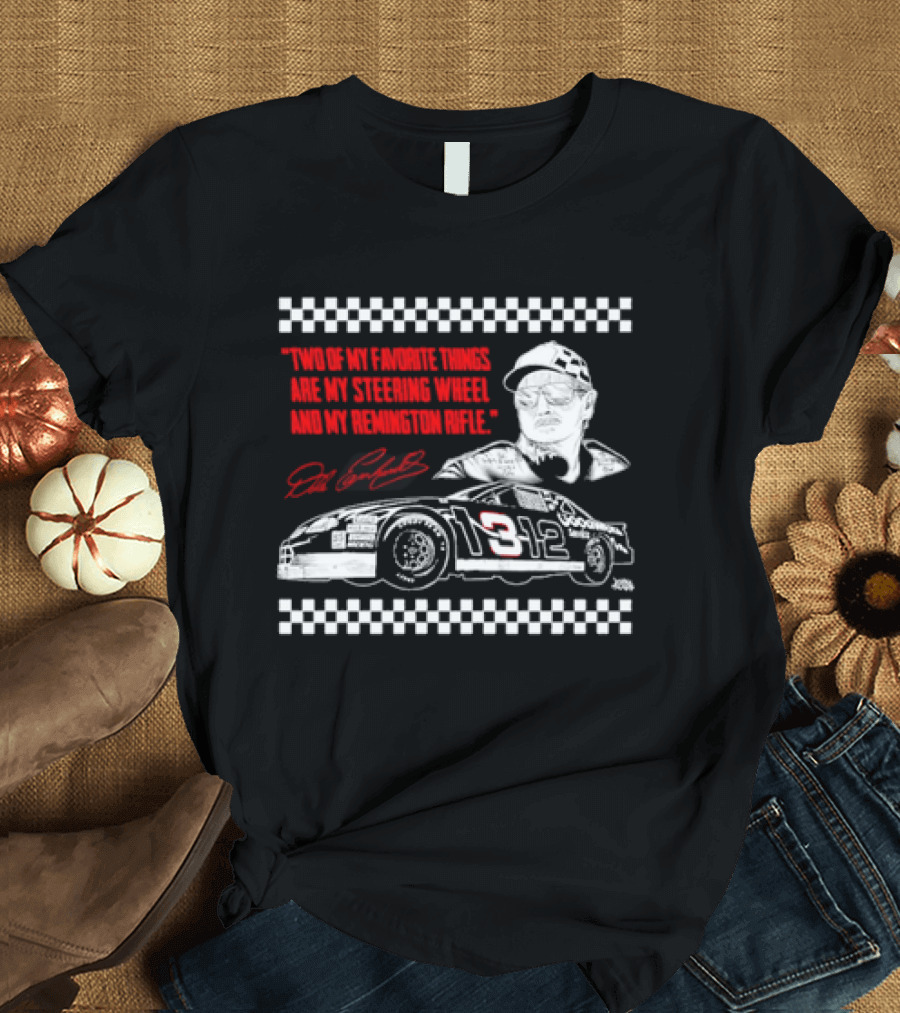 Two Of My Favorite Things Are My Steering Wheel And My Remington Rifle Racing Car 3 Checkered Flag T-Shirt
