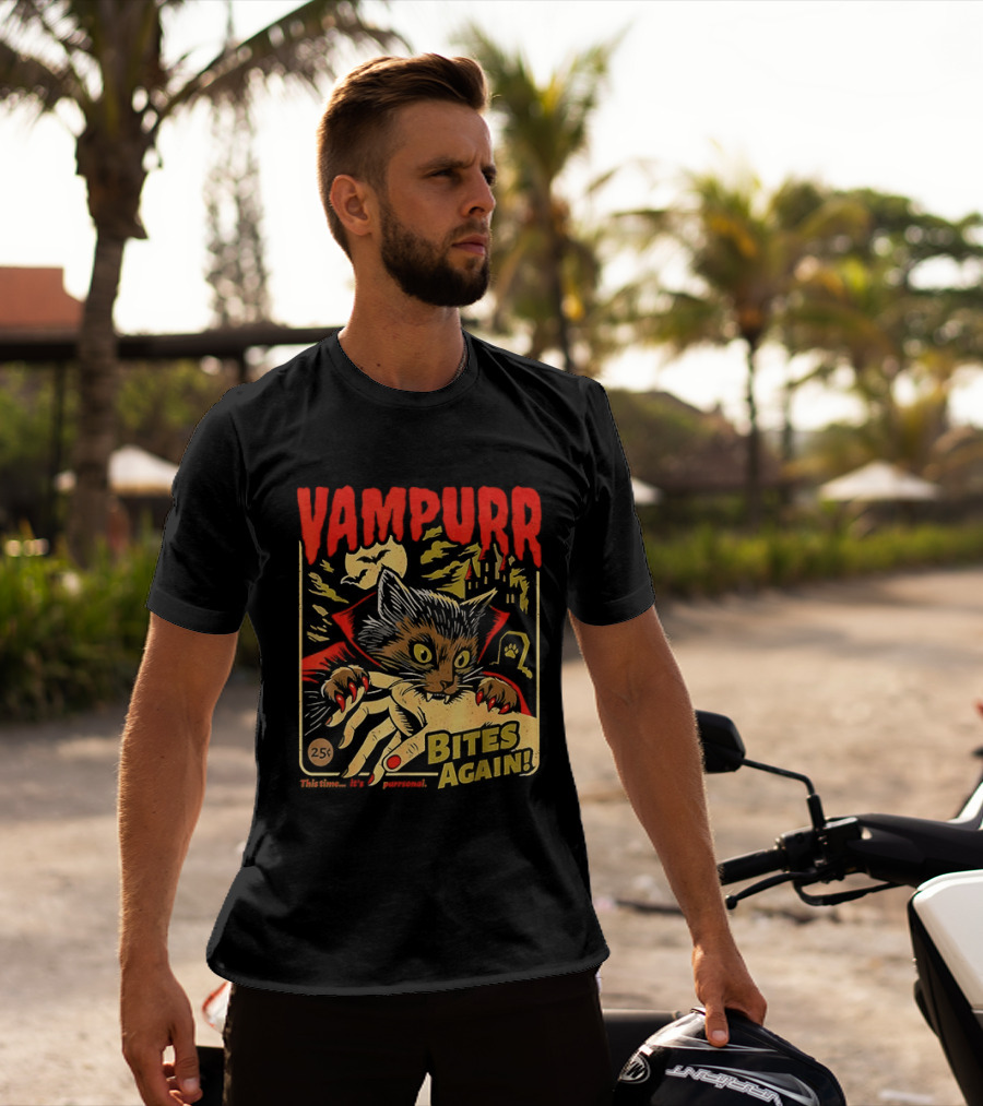 Vampurr Bites Again Vampire Cat Halloween Vintage Spooky Paws T-Shirt