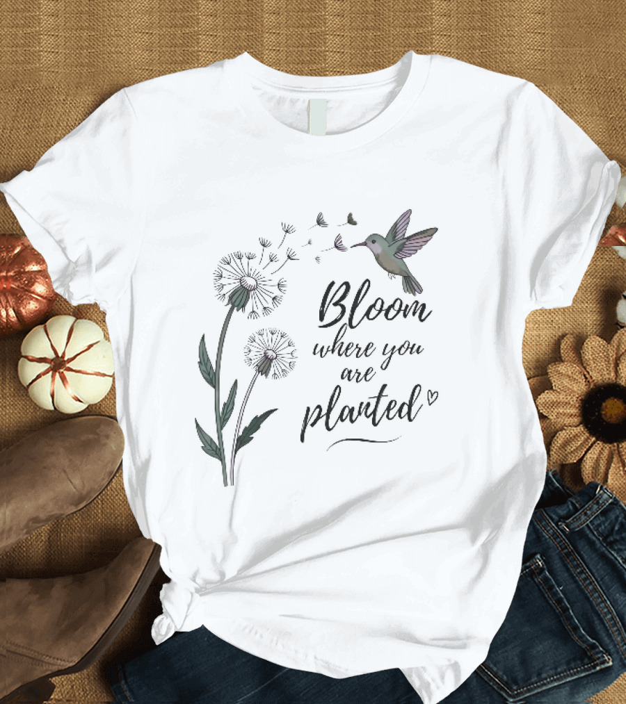 Bloom Where You Are Planted Hummingbird Dandelion Seeds Heart Sketch T-Shirt