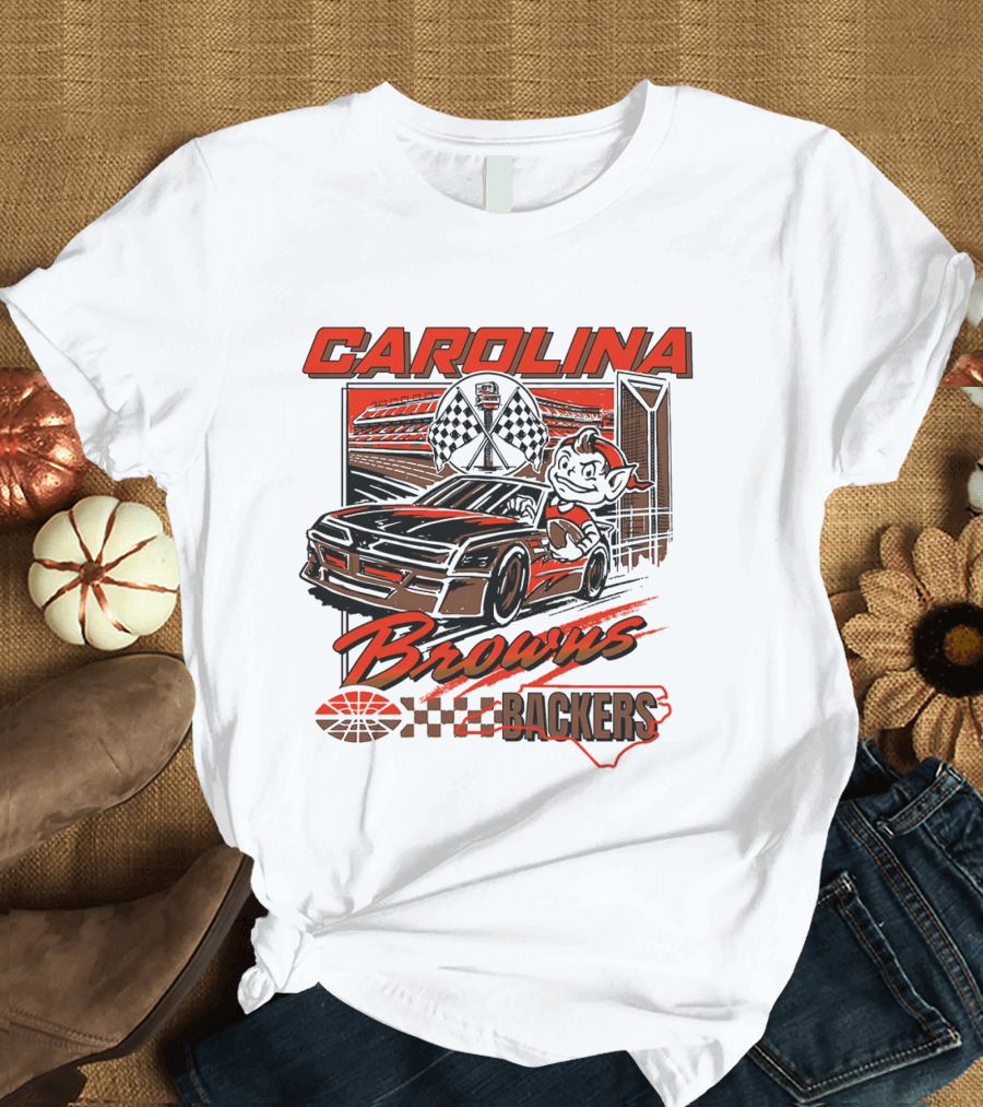 Carolina Browns Backers Racing Stadium Elf Car Checked Flag T-Shirt