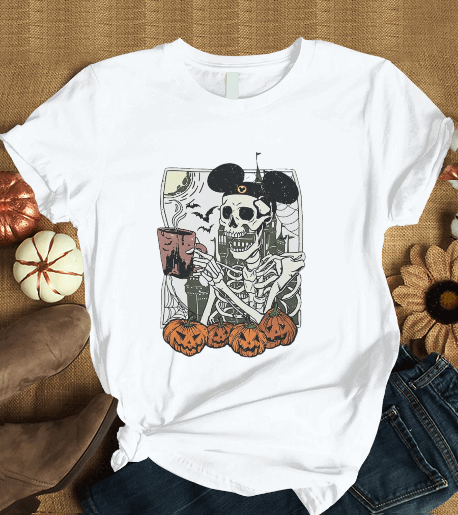 Spooky Skeleton With Coffee Mouse Ears Pumpkins Bats Halloween 2026 T-Shirt