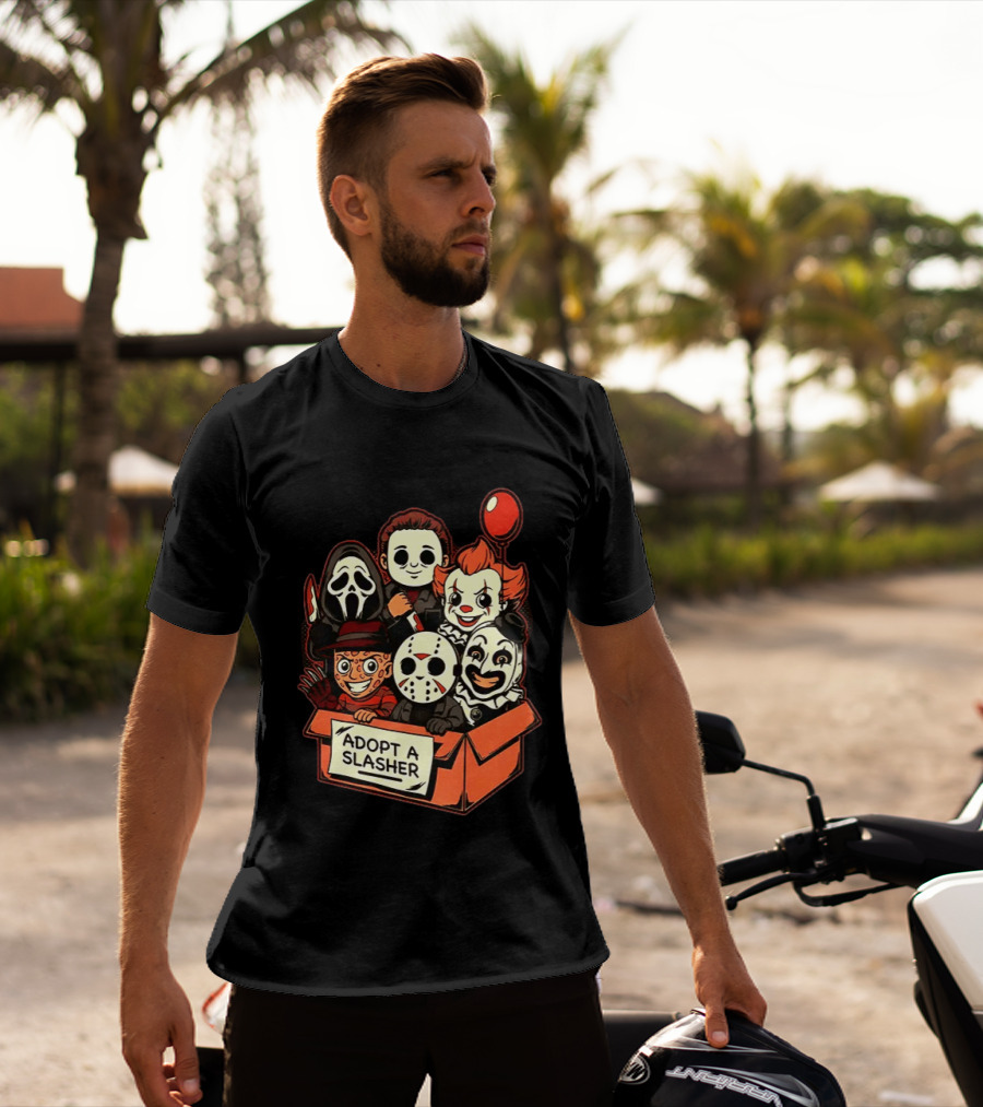 Adopt A Slasher Horror Characters Halloween Box With Iconic Balloon And Masked Monsters T-Shirt