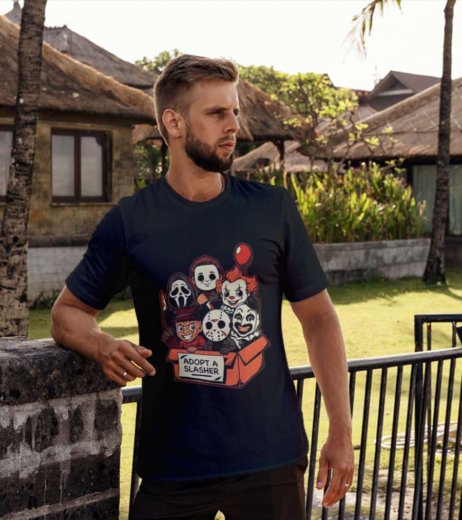Adopt A Slasher Horror Characters Halloween Box With Iconic Balloon And Masked Monsters T-Shirt