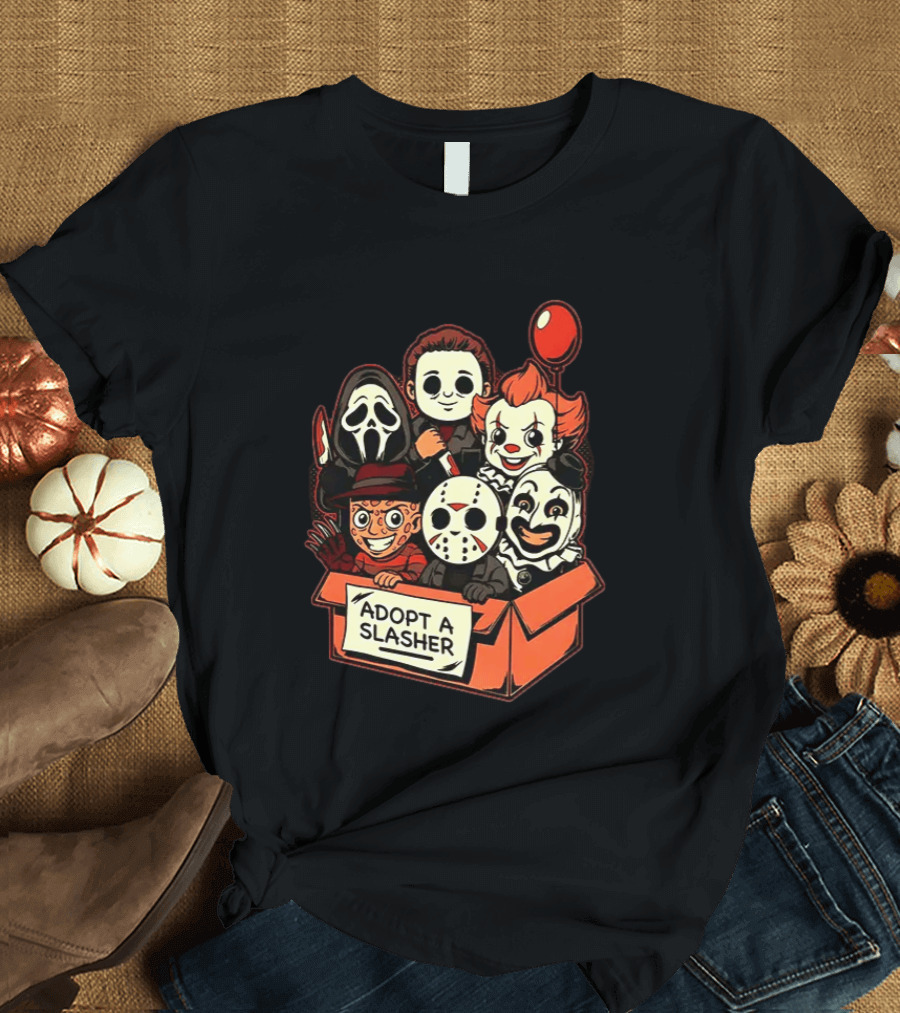 Adopt A Slasher Horror Characters Halloween Box With Iconic Balloon And Masked Monsters T-Shirt